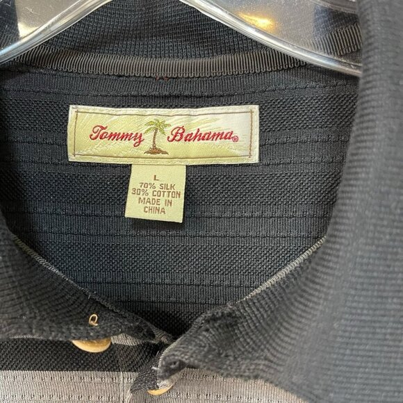Tommy Bahama Polo Shirt Men’s Size Large Silk Blend Stripes Black and Gray - Picture 2 of 6